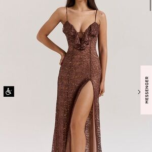 Elegant Brown Lace Evening Gown